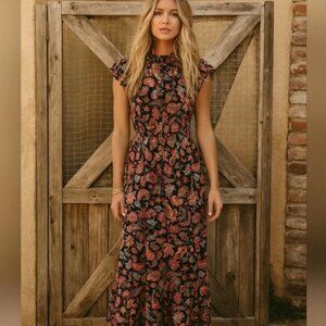 Lost + Wander  Maxi Dress, Size S  Floral Pattern, Flutter Sleeve, Mock Neck EUC